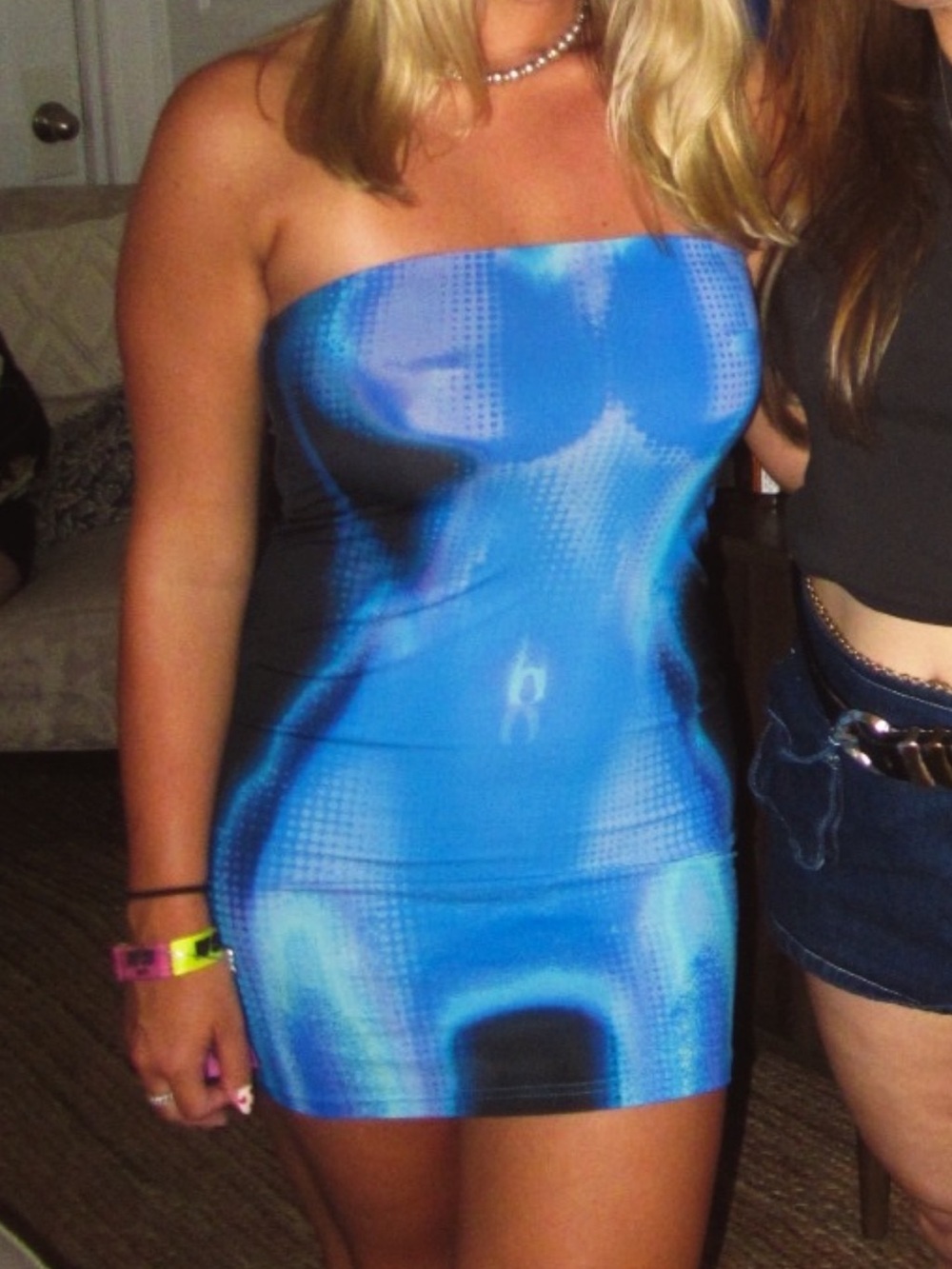White Fox Blue Abstract Strapless Bodycon Mini Dress